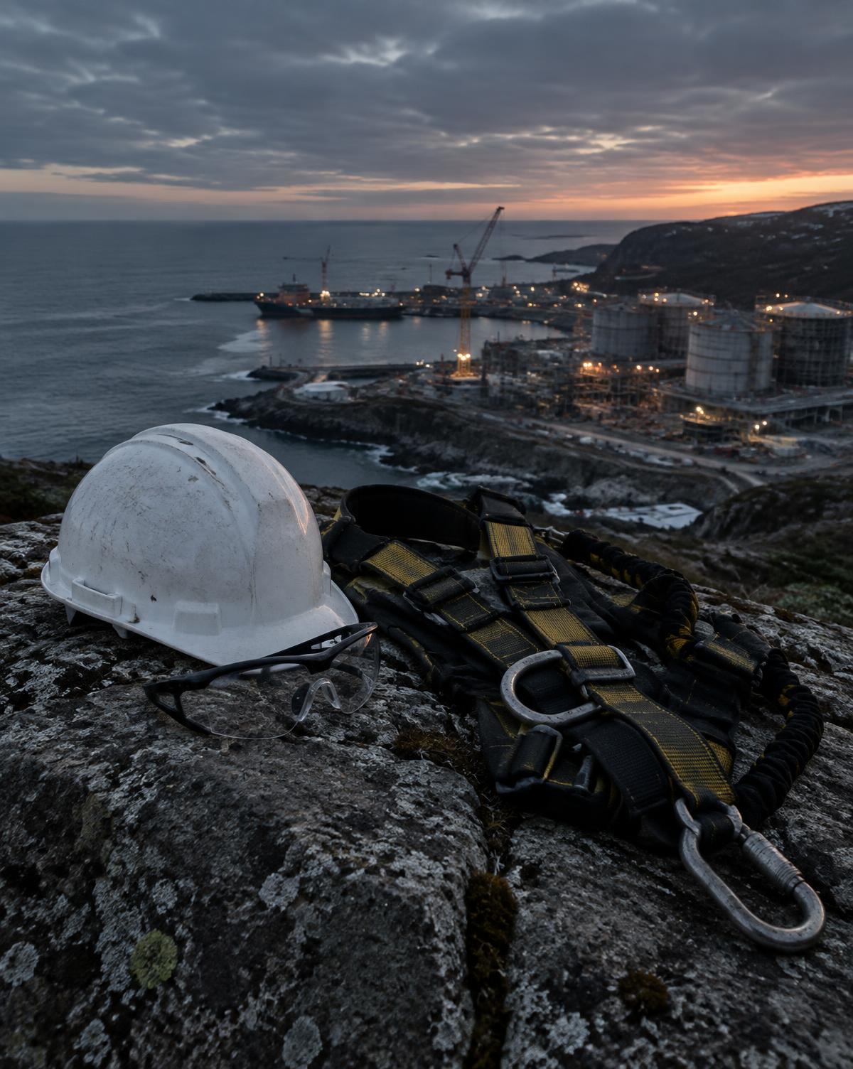 Hard hat and fall-protection harness overlooking a coastal industrial project at dusk