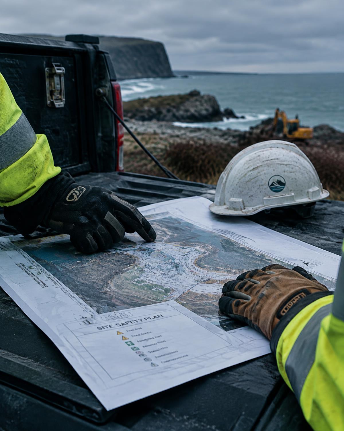 Gloved hands reviewing a site safety plan on a truck tailgate