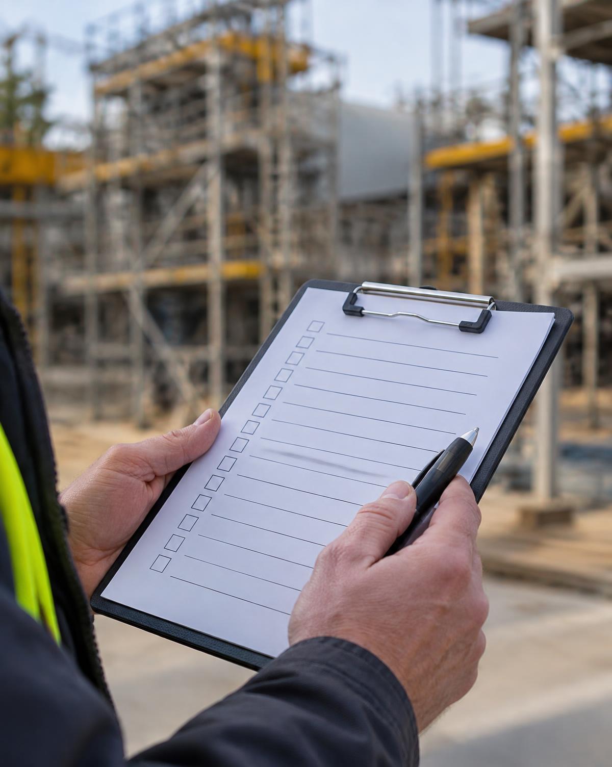 Safety auditor reviewing a checklist on site
